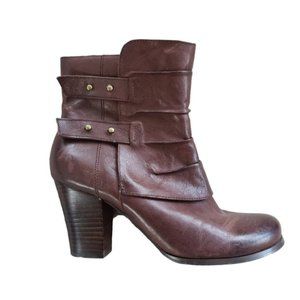 Miz Mooz Santina leather stacked heel ankle bootie in reddish brown